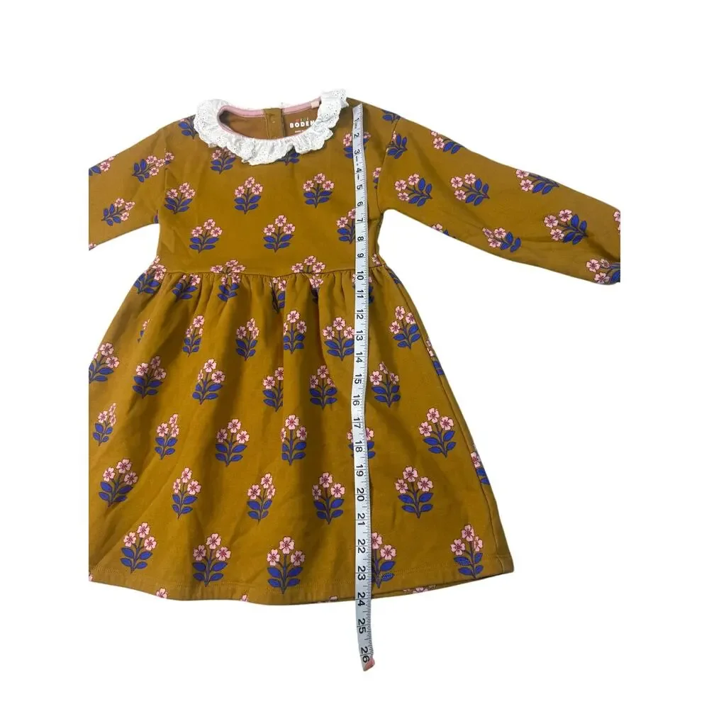 Mini Boden Girls Mustard Yellow Floral Dress Frilled Collar Long Sleeve Size 6-7